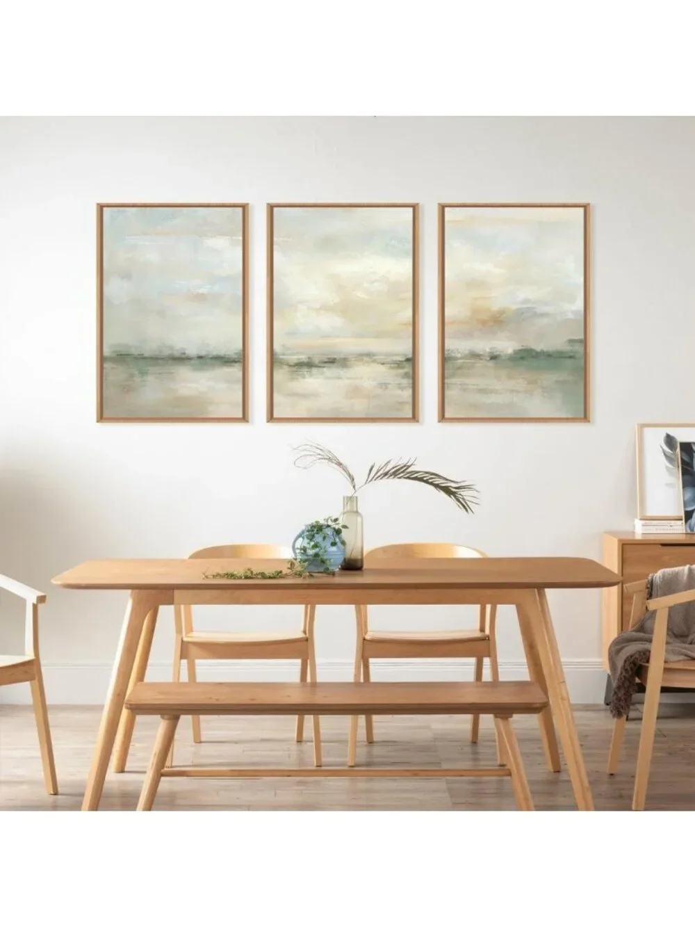 Large Abstract Green Gray Pastel Framed Canvas Art - Modern Watercolor Landscape
